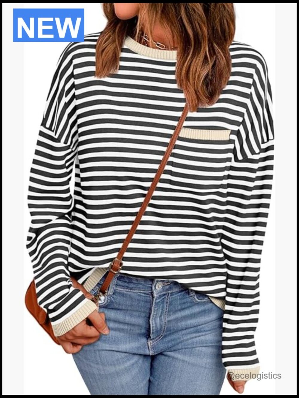 Striped Soft Knit Pullover Sweater Loose Fit Crewneck with Pocket